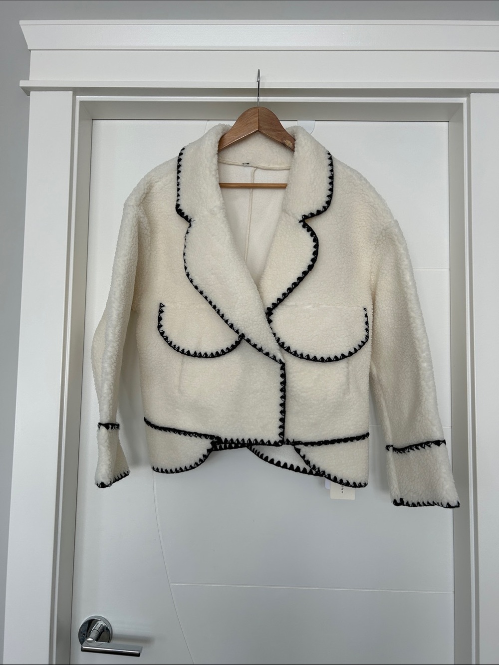 Commense Cream Fleece Kimono Jacket with Black Contrast Trim